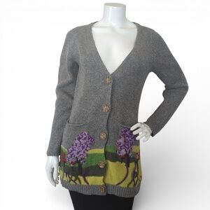 Ingrid Hass Boho Cottagecore Lambswool Embellished Floral Cardigan Sweater